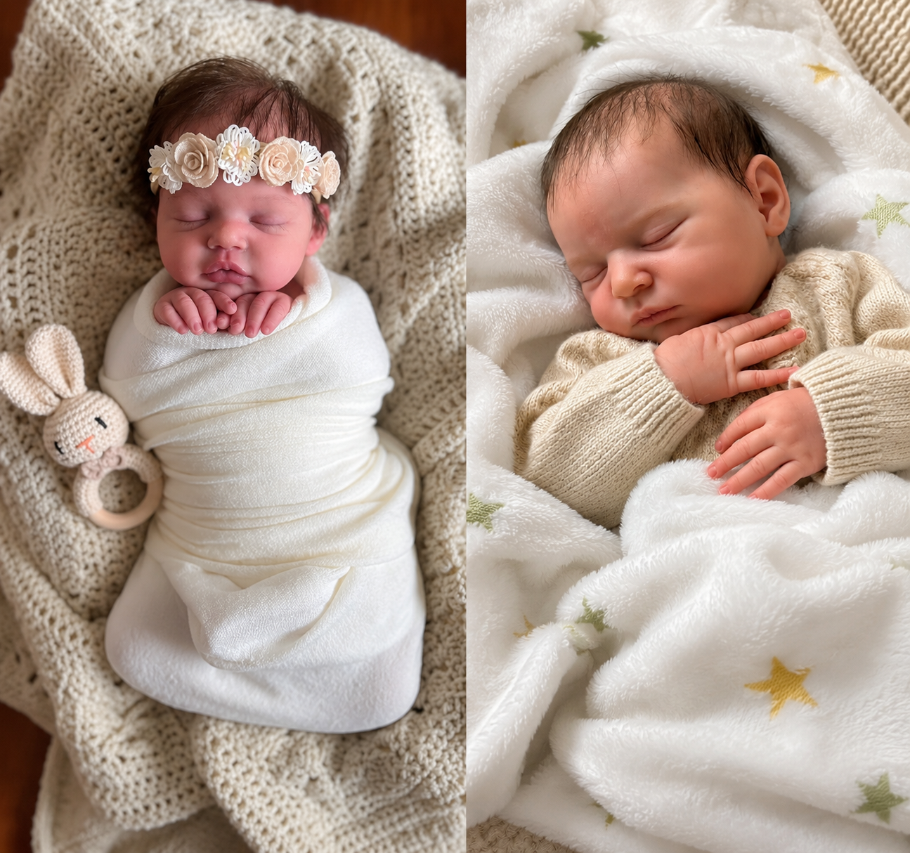 A side by side layout comparison of a realistic full body silicone reborn baby boy and a weighted vinyl reborn doll resting in a nursery bassinet.