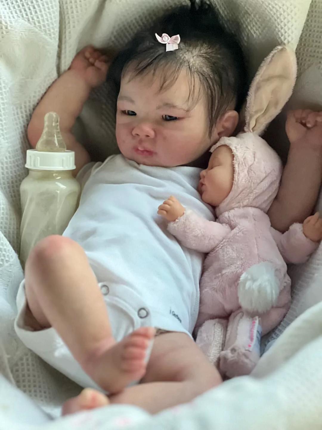 Baby Mei – 17.8" Soft Vinyl and Cloth Body Realistic Newborn Baby Girl Doll (Hand Rooted Black Hair)
