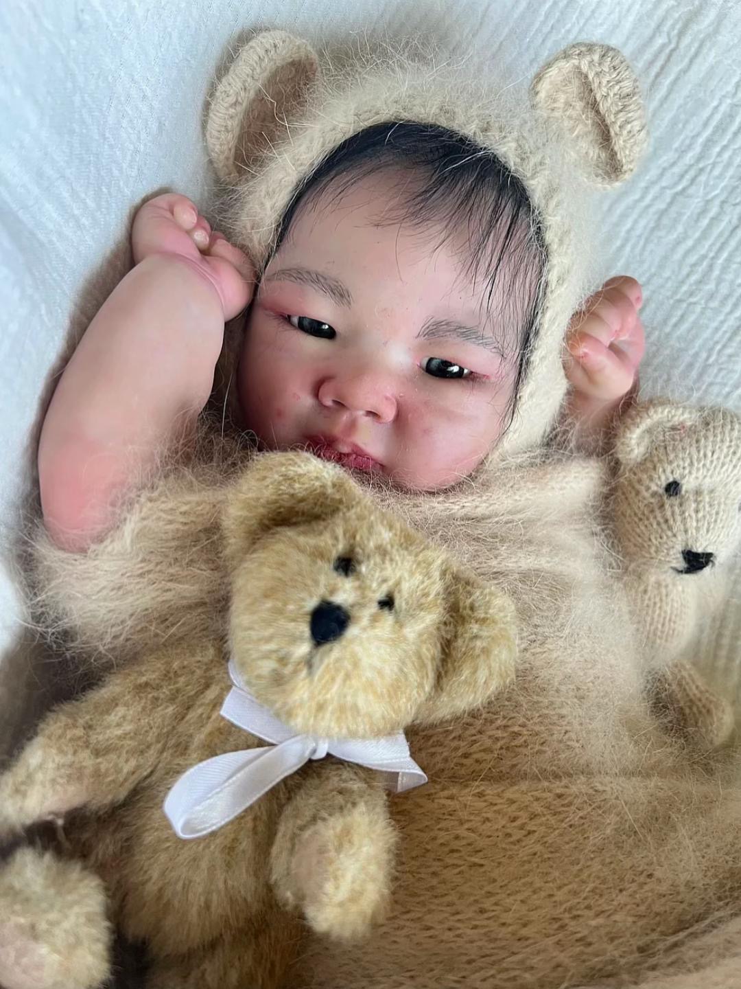 Baby Mei – 17.8" Soft Vinyl and Cloth Body Realistic Newborn Baby Girl Doll (Hand Rooted Black Hair)