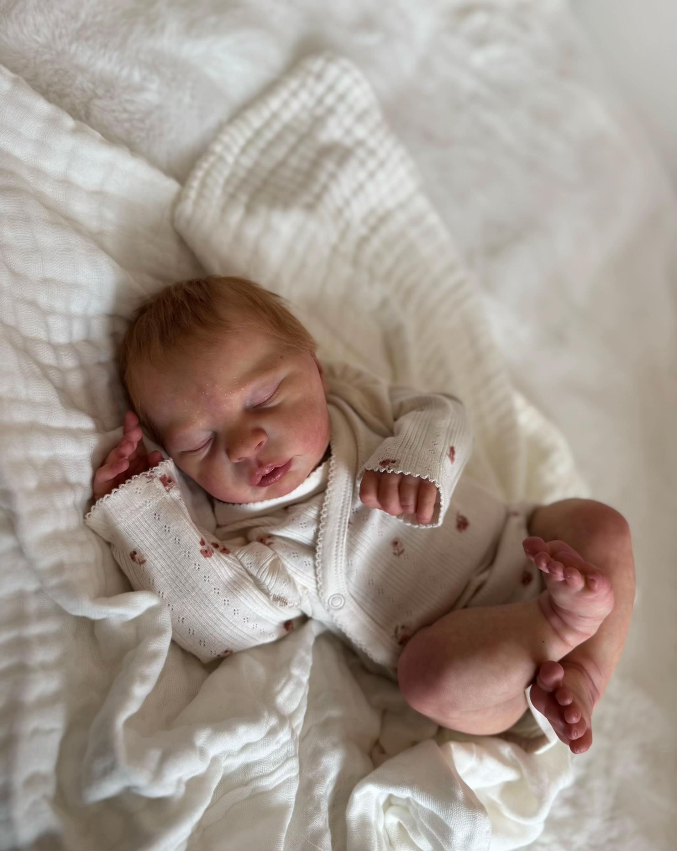 Baby Lucas, an 18.3-inch realistic full body silicone drink and wet reborn newborn baby boy doll with hand rooted strawberry blonde hair sleeping next to a plush companion toy by Reborn Heaven.