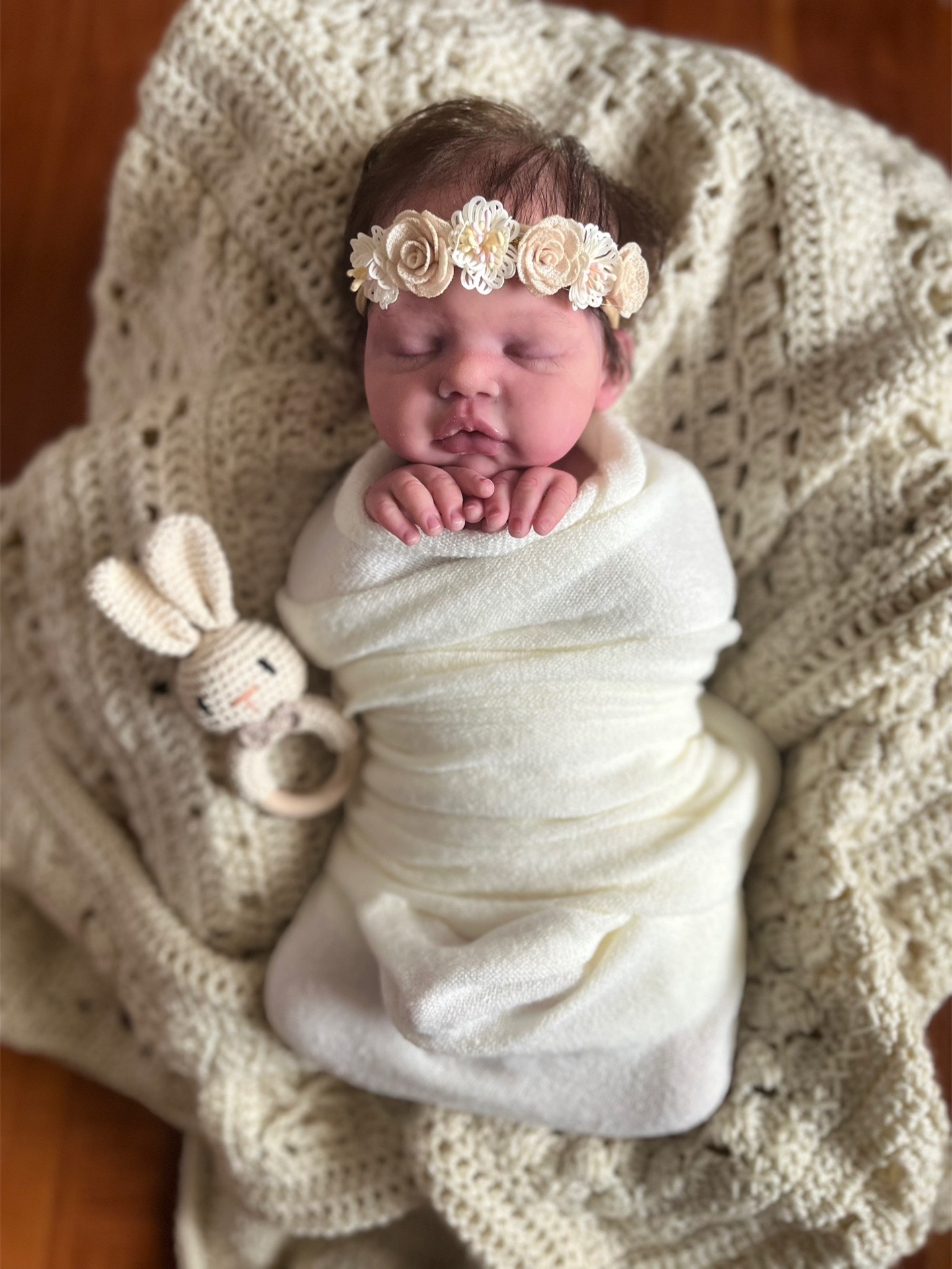 Baby Emily, a 19-inch limited edition full body silicone sleeping reborn baby doll girl with hand-rooted dark mohair by Reborn Heaven.